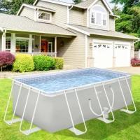 Outsunny 14' x 8' x 4' Above Ground Swimming Pool, Rectangular Steel Frame, Non-Inflatable, Filter Pump, Light Grey(m-10)
