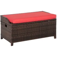 Outsunny 38 Gallon Outdoor Wicker Storage Bench Deck Box, PE Rattan Patio Furniture Pool Storage Bin Container with Interior Waterproof Cloth Bag and Comfortable Cushion, Red(m-1)