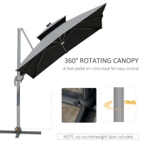 Outsunny 10FT Cantilever Patio Umbrella with Solar LED Lights & Power Bank, Double Top Outdoor Offset Umbrella with 360° Rotation, Tilt, Crank & Cross Base for Garden, Gray(m-4)