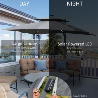 Outsunny 10FT Cantilever Patio Umbrella with Solar LED Lights & Power Bank, Double Top Outdoor Offset Umbrella with 360° Rotation, Tilt, Crank & Cross Base for Garden, Gray(m-7)