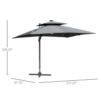 Outsunny 10FT Cantilever Patio Umbrella with Solar LED Lights & Power Bank, Double Top Outdoor Offset Umbrella with 360° Rotation, Tilt, Crank & Cross Base for Garden, Gray(m-3)