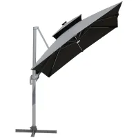 Outsunny 10FT Cantilever Patio Umbrella with Solar LED Lights & Power Bank, Double Top Outdoor Offset Umbrella with 360° Rotation, Tilt, Crank & Cross Base for Garden, Gray(m-1)