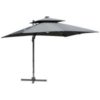 Outsunny 10FT Cantilever Patio Umbrella with Solar LED Lights & Power Bank, Double Top Outdoor Offset Umbrella with 360° Rotation, Tilt, Crank & Cross Base for Garden, Gray(m-11)