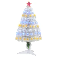 HOMCOM 3ft Tall Pre-Lit Douglas Fir Artificial Christmas Tree with Realistic Branches, 90 Multi-Color LED Lights, Fiber Optics, and 90 Tips, White(m-11)