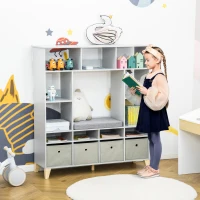 HOMCOM Kids Cube Storage Shelves with Bins and Large Storage for Kids Bedroom, Multiple Storage Units for Big Capacity Kids Shelf with Seat Featuring Thick Cushioning, Grey(m-2)