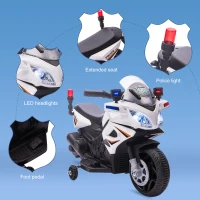 Aosom 6V Kids Motorcycle Police Electric Ride-On Dirt Bike Off-road Street Bike Battery Powered Rechargeable Horn Headlights Training Wheels Realistic Sounds for Girls and Boys 18 - 36 months White(m-5)