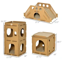 PawHut Cardboard Cat House DIY Cat Tree with Condos, Scratching Pad Board Hideaway Toy Pet Furniture, Brown(m-3)