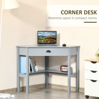 HOMCOM Corner Desk, Triangle Computer Desk with Drawer and Storage Shelves for Small Spaces, Home Office Workstation for Living Room, or Bedroom, Grey(m-4)