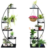 Outsunny 5 Tier Metal Plant Stand, Half Moon Shape Curved Flower Pot Holder Shelf, 2 Pack, Black(m-1)