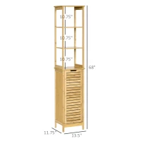 kleankin Bathroom Floor Cabinet with 3 Shelves and Cupboard, Slim and Freestanding Linen Tower with Storage, Natural(m-3)