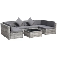 Outsunny 7-Piece Patio Furniture Set, Outdoor Wicker Conversation Set, All Weather PE Rattan Sectional Sofa Set with Cushions and Tempered Glass Top Coffee Table, Pillows, Light Gray(m-1)