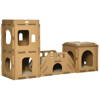 PawHut Cardboard Cat House DIY Cat Tree with Condos, Scratching Pad Board Hideaway Toy Pet Furniture, Brown(m-1)