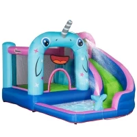 Outsunny 5-in-1 Water Slide Kids Inflatable Bounce House Narwhals Theme Water Park Includes Slide Trampoline Pool Cannon Climbing Wall with Carry Bag, Repair Patches without Air Blower(m-1)