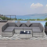 Outsunny 7-Piece Patio Furniture Set, Outdoor Wicker Conversation Set, All Weather PE Rattan Sectional Sofa Set with Cushions and Tempered Glass Top Coffee Table, Pillows, Light Gray(m-2)