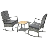 Outsunny 3 Piece Outdoor PE Rattan Rocking Chair Set, Patio Wicker Recliner Rocker Chair with Soft Cushion & Nature Wood Top Coffee Table, Gray(m-8)