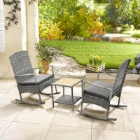 Outsunny 3 Piece Outdoor PE Rattan Rocking Chair Set, Patio Wicker Recliner Rocker Chair with Soft Cushion & Nature Wood Top Coffee Table, Gray(m-7)