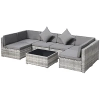 Outsunny 7-Piece Patio Furniture Set, Outdoor Wicker Conversation Set, All Weather PE Rattan Sectional Sofa Set with Cushions and Tempered Glass Top Coffee Table, Pillows, Light Gray(m-11)