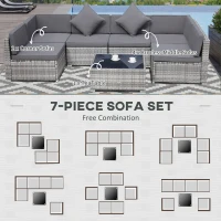 Outsunny 7-Piece Patio Furniture Set, Outdoor Wicker Conversation Set, All Weather PE Rattan Sectional Sofa Set with Cushions and Tempered Glass Top Coffee Table, Pillows, Light Gray(m-6)