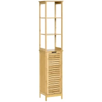 kleankin Bathroom Floor Cabinet with 3 Shelves and Cupboard, Slim and Freestanding Linen Tower with Storage, Natural(m-1)