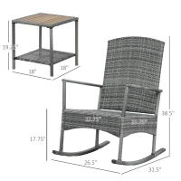 Outsunny 3 Piece Outdoor PE Rattan Rocking Chair Set, Patio Wicker Recliner Rocker Chair with Soft Cushion & Nature Wood Top Coffee Table, Gray(m-3)