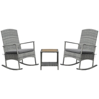 Outsunny 3 Piece Outdoor PE Rattan Rocking Chair Set, Patio Wicker Recliner Rocker Chair with Soft Cushion & Nature Wood Top Coffee Table, Gray