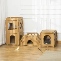 PawHut Cardboard Cat House DIY Cat Tree with Condos, Scratching Pad Board Hideaway Toy Pet Furniture, Brown(m-2)