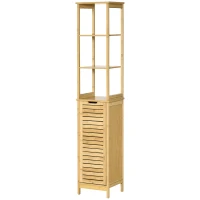 kleankin Bathroom Floor Cabinet with 3 Shelves and Cupboard, Slim and Freestanding Linen Tower with Storage, Natural(m-11)