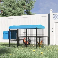 PawHut Metal Chicken Coop, Outdoor Poultry Cage, w/ Run, Nesting Box, Canopy, Blue(m-8)