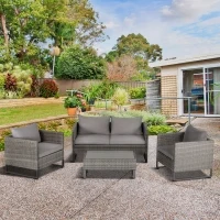 Outsunny 4 Pieces Patio Furniture Set, Deluxe PE Rattan Sofa Set Outdoor Furniture Set Wicker Conversation Furniture Lawn Patio Bistro Coffee Table Set w/Cushion, Grey(m-1)