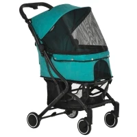 PawHut Travel Pet Stroller for Dogs, Cats, One-Click Fold Jogger Pushchair with Aluminum Frame, EVA Wheels, Brakes, Basket Storage, Safety Belts, Adjustable Canopy, Zippered Mesh Window Door, Blue(m-1)