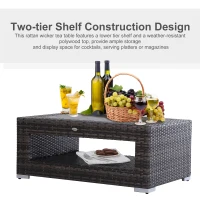 Outsunny Wicker Coffee Table with Height Adjustable Feet, 2 Tier Storage Shelf, Rattan Wicker Patio Table with Deluxe Slatted Top for Outdoor, Patio, Garden, Backyard, Mixed Grey(m-6)