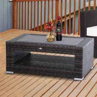 Outsunny Wicker Coffee Table with Height Adjustable Feet, 2 Tier Storage Shelf, Rattan Wicker Patio Table with Deluxe Slatted Top for Outdoor, Patio, Garden, Backyard, Mixed Grey(m-2)
