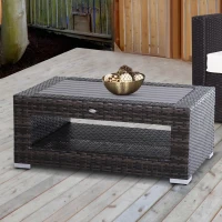 Outsunny Wicker Coffee Table with Height Adjustable Feet, 2 Tier Storage Shelf, Rattan Wicker Patio Table with Deluxe Slatted Top for Outdoor, Patio, Garden, Backyard, Mixed Grey(m-10)