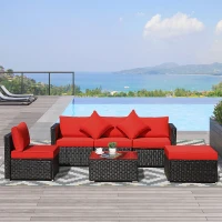 Outsunny 6 Piece Patio Furniture Set Outdoor Wicker Conversation Set All Weather PE Rattan Sectional Sofa Set with Ottoman, Cushions and Tempered Glass Table, Coffee and Red(m-2)