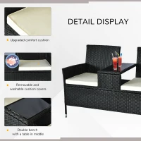 Outsunny Patio Wicker Conversation Furniture Set, Outdoor Rattan 2-Seater Chair, Modern Loveseat w/ Cushions & Tempered Glass Top Coffee Table for Garden, Lawn, Backyard, Porch, Black(m-6)