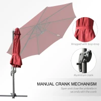 Outsunny Φ9.6' Round Patio Hanging Offset Umbrella Aluminum Outdoor Cantilever Crank Market Parasol Garden Sun Canopy Shelter 360° Rotation w/ Cross Base Wine Red(m-6)