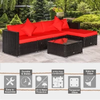 Outsunny 6 Piece Patio Furniture Set Outdoor Wicker Conversation Set All Weather PE Rattan Sectional Sofa Set with Ottoman, Cushions and Tempered Glass Table, Coffee and Red(m-5)