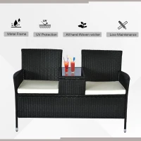 Outsunny Patio Wicker Conversation Furniture Set, Outdoor Rattan 2-Seater Chair, Modern Loveseat w/ Cushions & Tempered Glass Top Coffee Table for Garden, Lawn, Backyard, Porch, Black(m-4)
