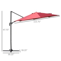 Outsunny Φ9.6' Round Patio Hanging Offset Umbrella Aluminum Outdoor Cantilever Crank Market Parasol Garden Sun Canopy Shelter 360° Rotation w/ Cross Base Wine Red(m-3)