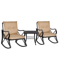 Outsunny 3-Piece Patio Bistro Set Outdoor Rocking Coffee Table Chair Set with Curved Base, Soft Cushions, Steel Frame, Beige(m-10)