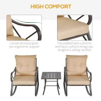 Outsunny 3-Piece Patio Bistro Set Outdoor Rocking Coffee Table Chair Set with Curved Base, Soft Cushions, Steel Frame, Beige(m-5)