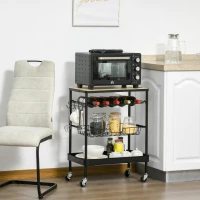 HOMCOM Rolling Kitchen Cart, 3-Tier Utility Storage Trolley with Wine Rack, Mesh Drawer and Side Hooks for Dining Room, Black/Natural(m-2)