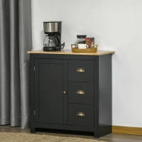 HOMCOM Modern Kitchen Cabinet, Storage Sideboard, Buffet Table with Rubberwood Top, 3 Drawers and Cabinet with Adjustable Shelf, Black(m-9)