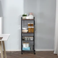 HOMCOM Kitchen Cart with Storage, 16"W Slim Rolling Cart, 4 Tier Kitchen Shelves on Wheels with Side Racks, 2 Basket for Fruit Vegetable, Utility Cart for Narrow Space, Laundry, Walnut(m-9)