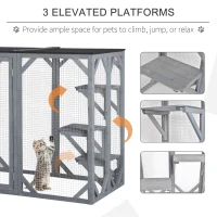 PawHut 71" x 32" x 44" Large Wooden Outdoor Cat Enclosure Catio Cage With 3 Platforms, Gray(m-5)