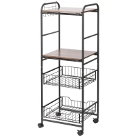 HOMCOM Kitchen Cart with Storage, 16"W Slim Rolling Cart, 4 Tier Kitchen Shelves on Wheels with Side Racks, 2 Basket for Fruit Vegetable, Utility Cart for Narrow Space, Laundry, Walnut(m-10)