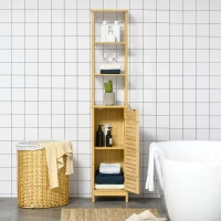 kleankin Bathroom Floor Cabinet with 3 Shelves and Cupboard, Slim and Freestanding Linen Tower with Storage, Natural(m-10)