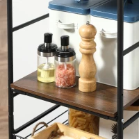 HOMCOM Kitchen Cart with Storage, 16"W Slim Rolling Cart, 4 Tier Kitchen Shelves on Wheels with Side Racks, 2 Basket for Fruit Vegetable, Utility Cart for Narrow Space, Laundry, Walnut(m-14)