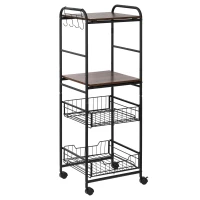 HOMCOM Kitchen Cart with Storage, 16"W Slim Rolling Cart, 4 Tier Kitchen Shelves on Wheels with Side Racks, 2 Basket for Fruit Vegetable, Utility Cart for Narrow Space, Laundry, Walnut(m-11)