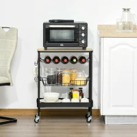 HOMCOM Rolling Kitchen Cart, 3-Tier Utility Storage Trolley with Wine Rack, Mesh Drawer and Side Hooks for Dining Room, Black/Natural(m-8)